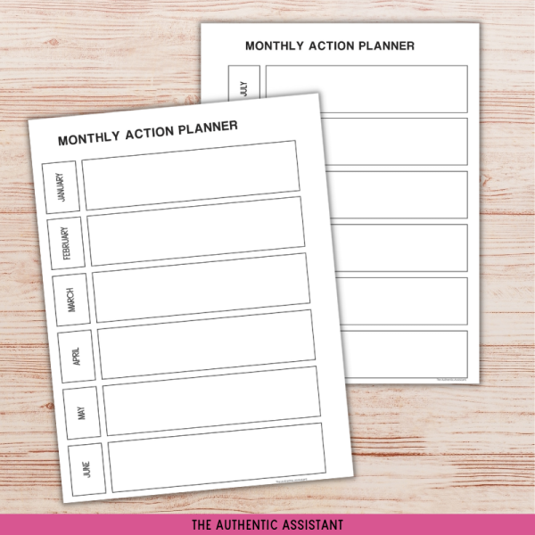 A printable monthly action planner. 2 Pages. Jan-Jun and Jul-Dec.