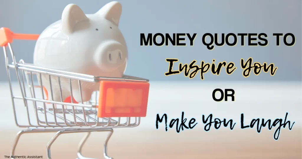 Cute piggy bank in a small shopping trolley with the caption money quotes to inspire you or make you laugh