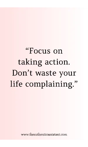 Aesthetic pastel pink background with quote "Focus on taking action. Don't waste your life complaining."