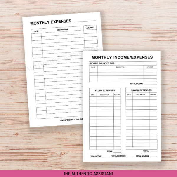 Monthly income and expense printable template