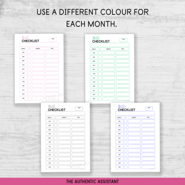 Use a different colour bill checklist for different bills or months