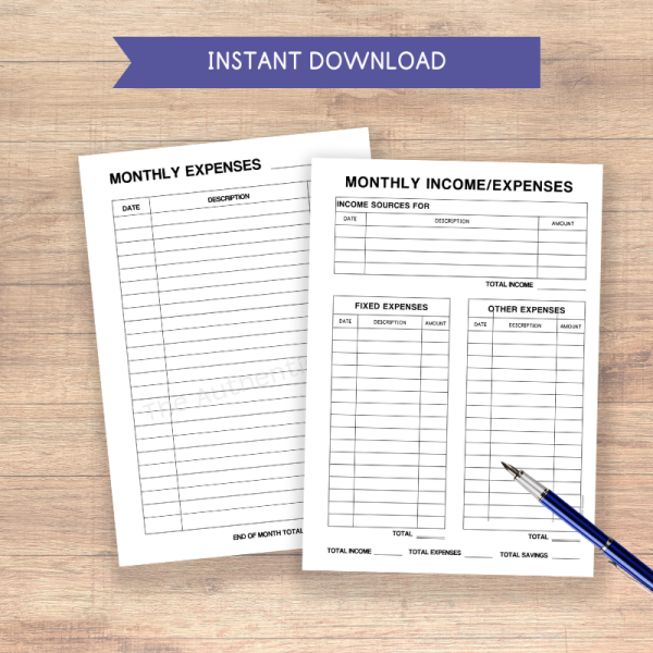 Instant download monthly income and expense templates