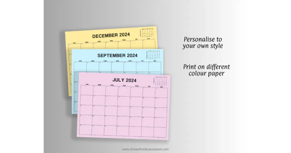 Print minimalist 2024 calendar on colour paper for different months