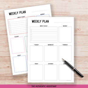 Printable weekly plan template. Colour and grey options.