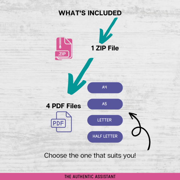 Includes One zip file with 4 pdf files containing A4, A5, Letter and Half Letter Size.