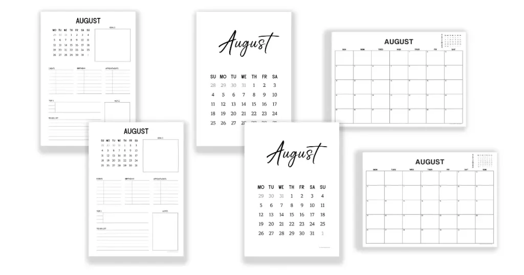 Six formats of calendars for you to choose from