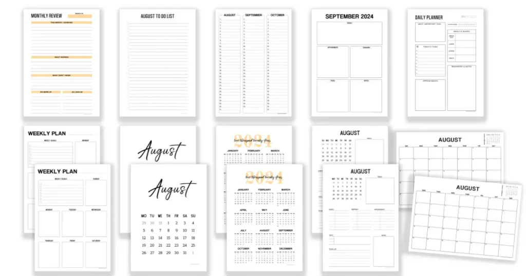 Free August Printables. Monthly Planner. Weekly Planner. Daily Planner. Six different Monthly Calendar formats.