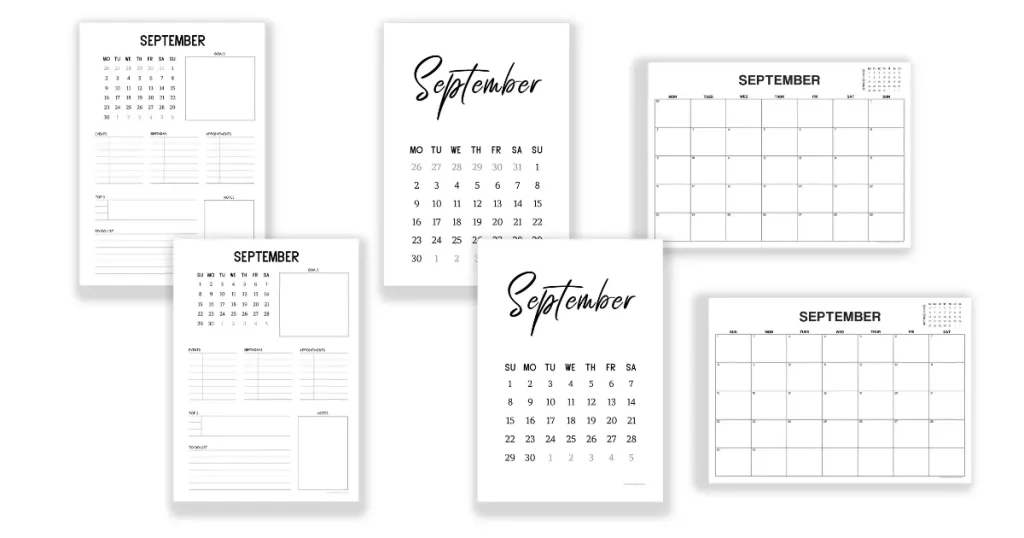 This free September printable set includes 3 calendars with Monday and Sunday start to the week available in all versions