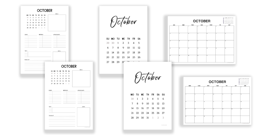 Free calendar templates. Six formats. Three versions and all include Sunday and Monday start to the week.