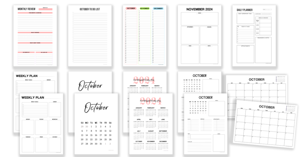 A collection of free October planner printable pages.