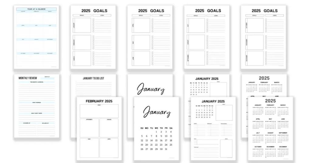 A collection of free printable planners. January Calendar. Yearly Goals. Monthly Planners