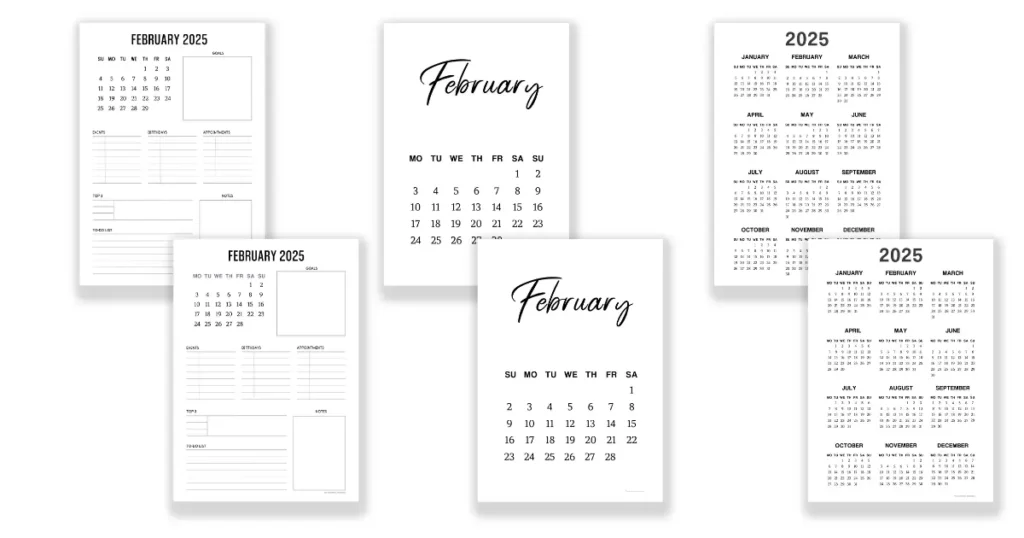 February calendars in six different formats