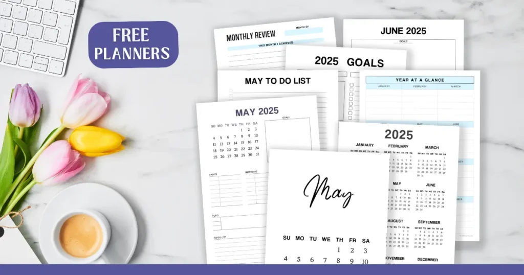 A photo of a desk with pretty tulips and a cup of coffee. Free printable planners