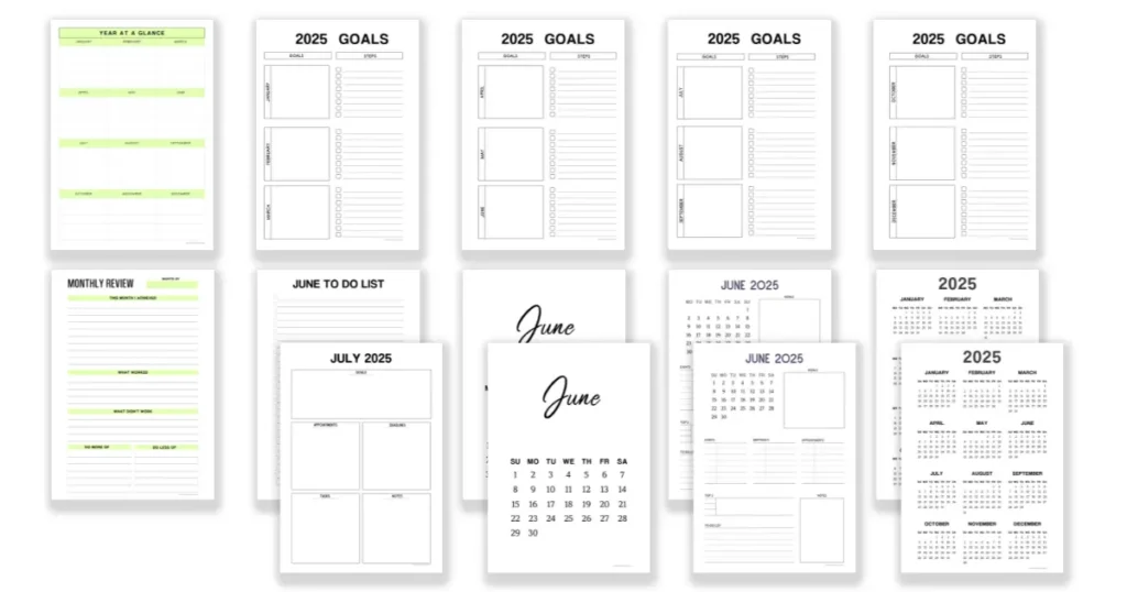 A selection of free printable planners for June 2025