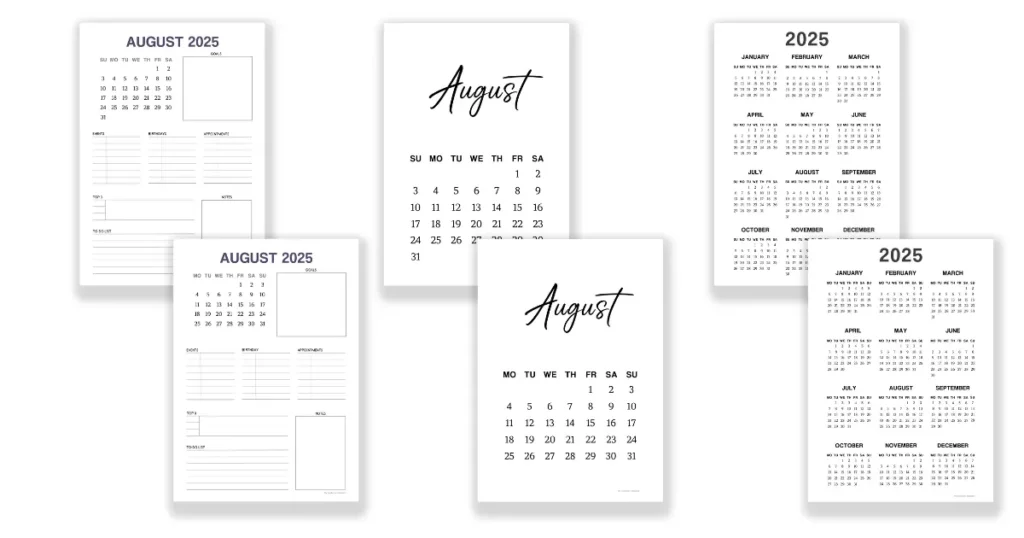 Free August monthly planners