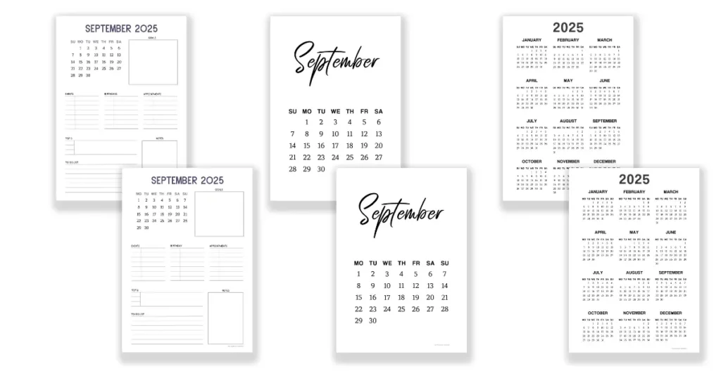 Free September monthly calendar pages. Printable planners to download and print at home