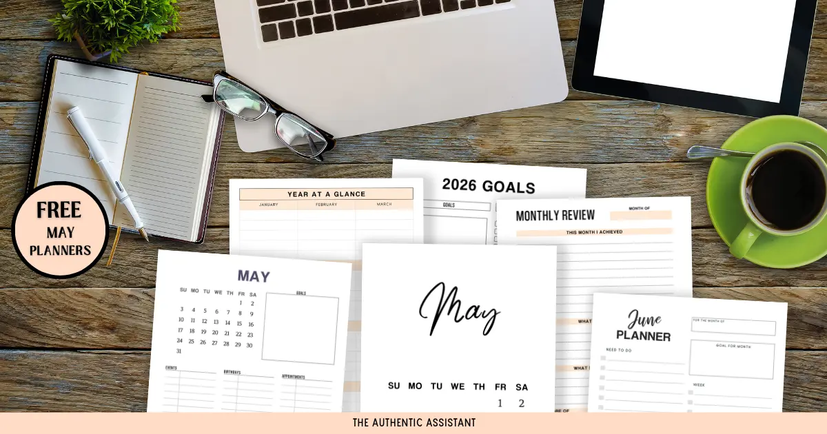 Photo of desk top with laptop and notebook. A selection of the free May printable planners as well