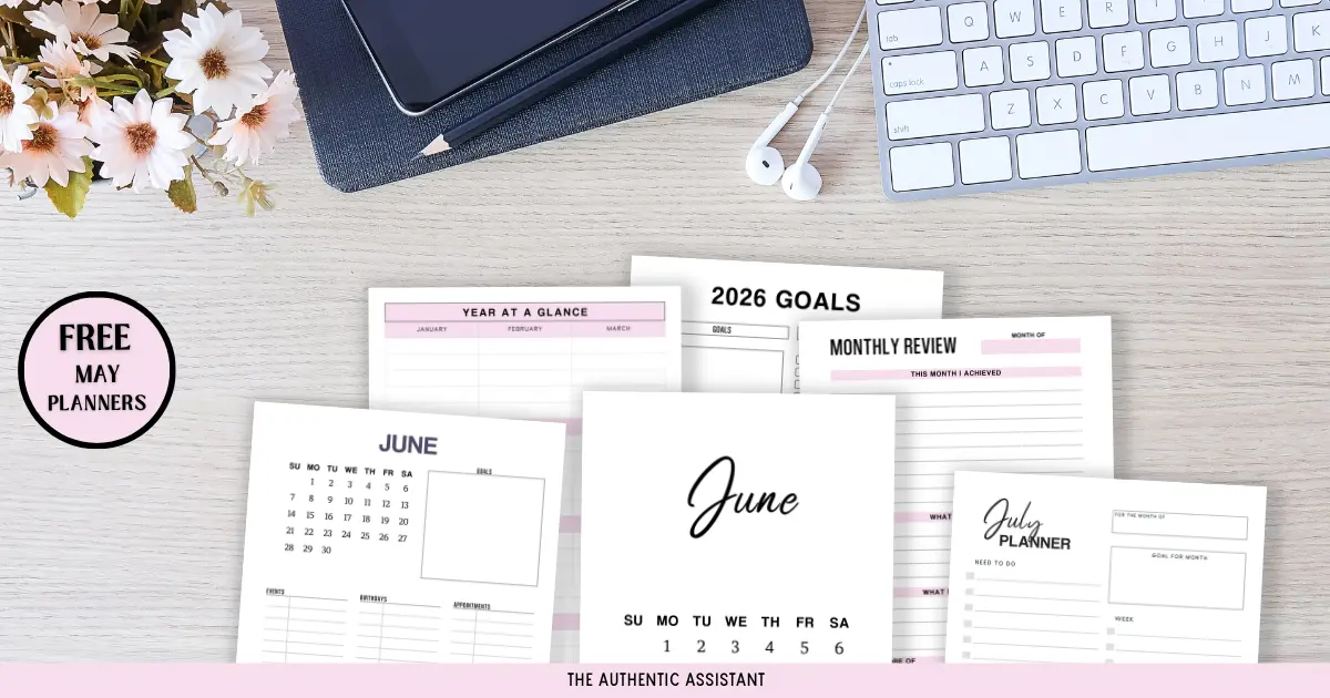 Desk top view with selection of free June Printable planner templates